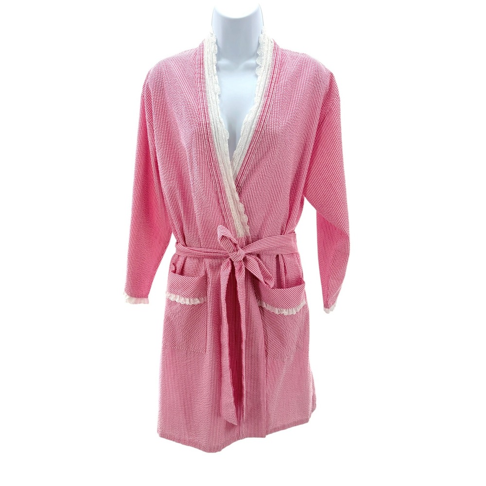 Eileen West Pink White‎ Seersucker Robe S M Stripe Cotton Blend Lace Trim Wrap
